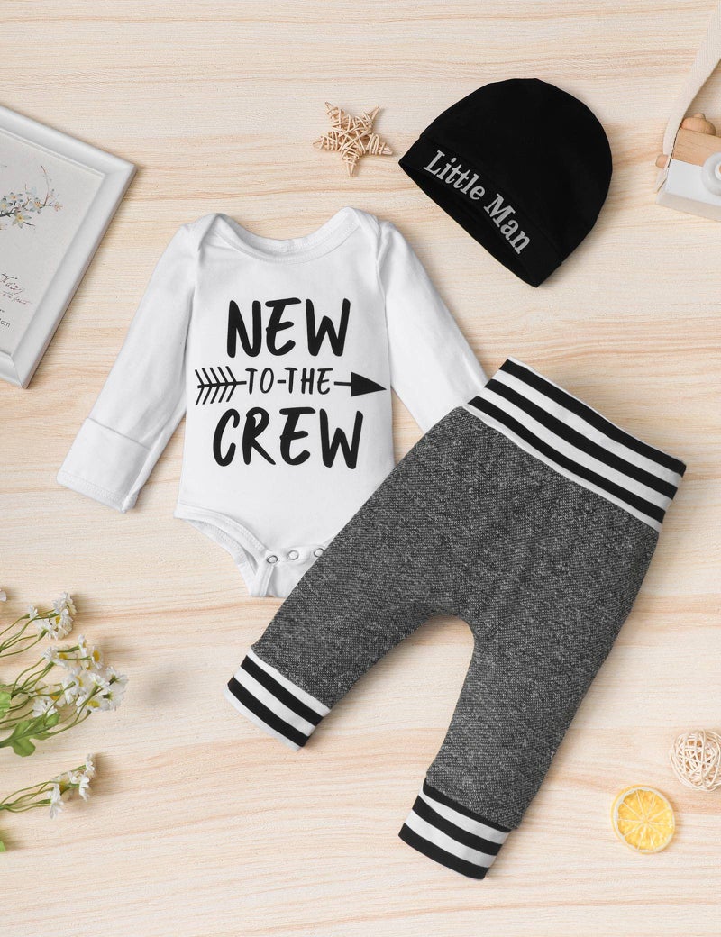 Fommy Baby Boy Clothes 3-6 Months Baby Outfits New to The Crew Letter Print Romper+Pants+Hat 3PCS Infant Boy Clothes Outfits Set - Image 3
